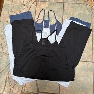 Set of 3 Pact lounge jumpsuits w/built in bralette. Size M EUC! App.23.5” inseam